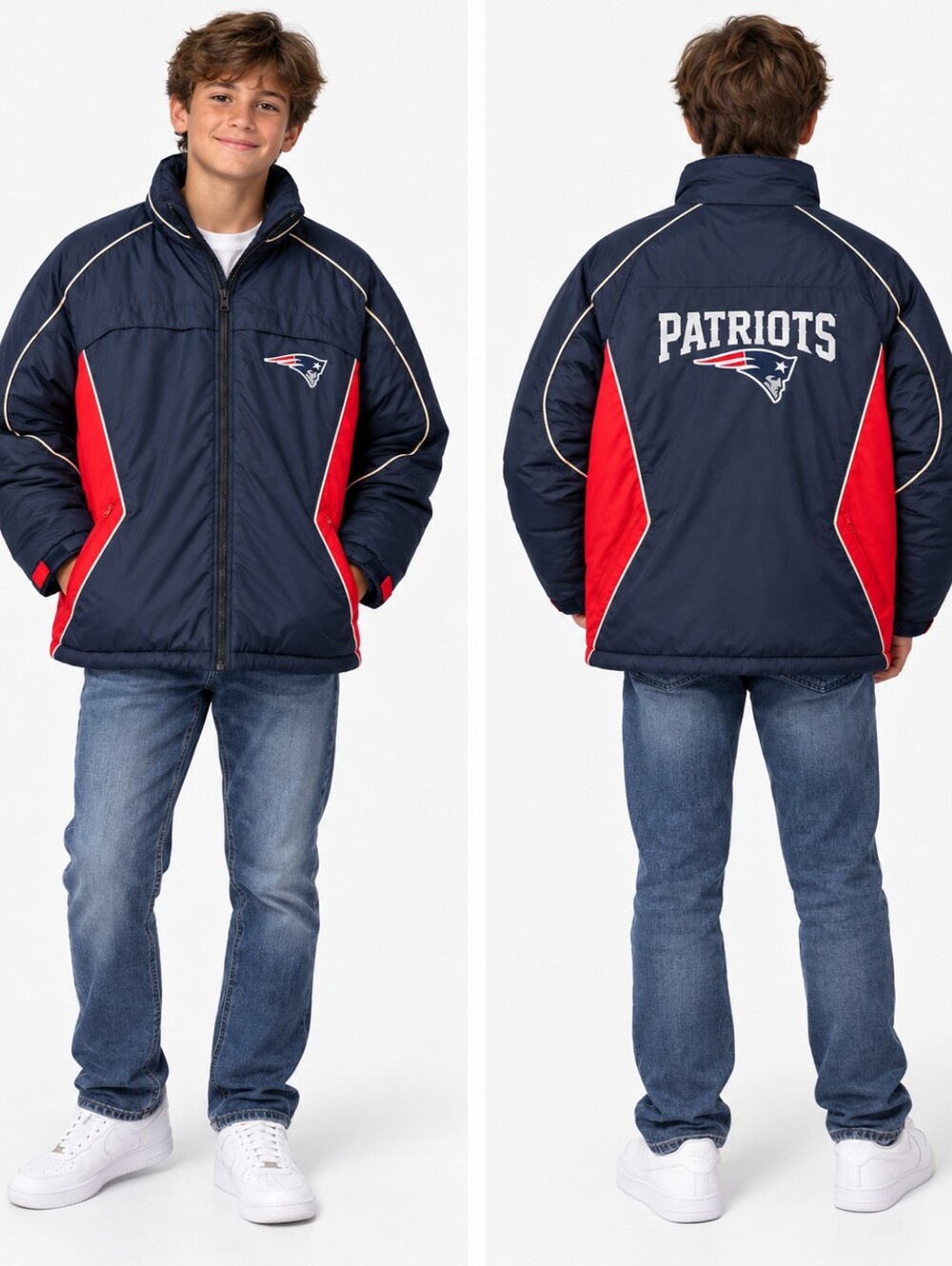 New England Patriots NFL fleece lined puffer ski jacket Navy full zip XL/16-18